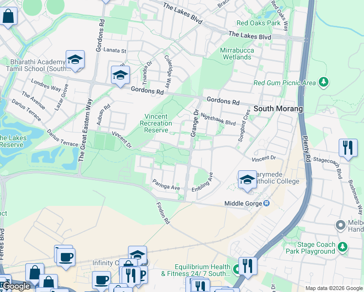 map of restaurants, bars, coffee shops, grocery stores, and more near 97 Vincent Drive in South Morang