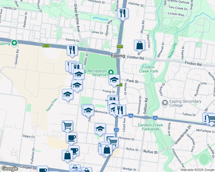map of restaurants, bars, coffee shops, grocery stores, and more near 12 Young Street in Epping