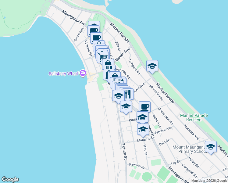 map of restaurants, bars, coffee shops, grocery stores, and more near 290 Maunganui Road in Mount Maunganui