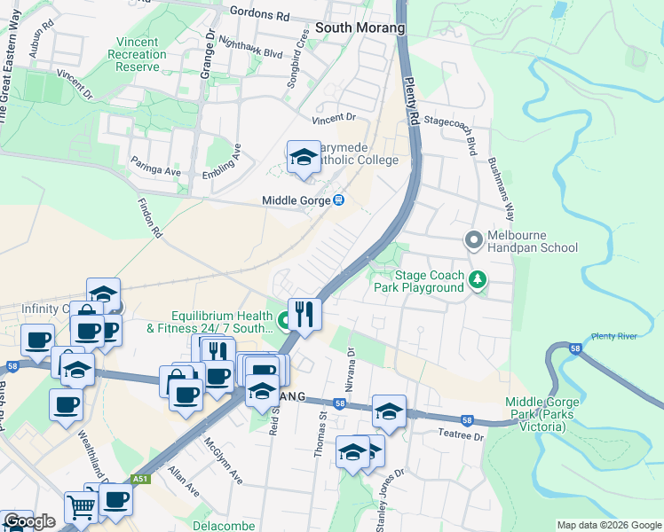 map of restaurants, bars, coffee shops, grocery stores, and more near 885 Plenty Road in South Morang