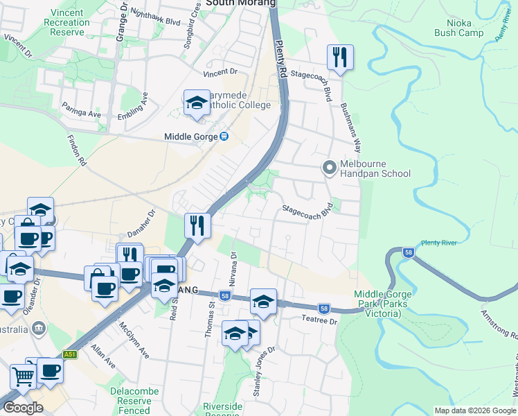 map of restaurants, bars, coffee shops, grocery stores, and more near 3 Strahan Place in South Morang