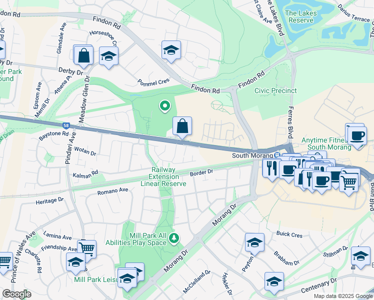 map of restaurants, bars, coffee shops, grocery stores, and more near 309 McDonalds Road in Epping