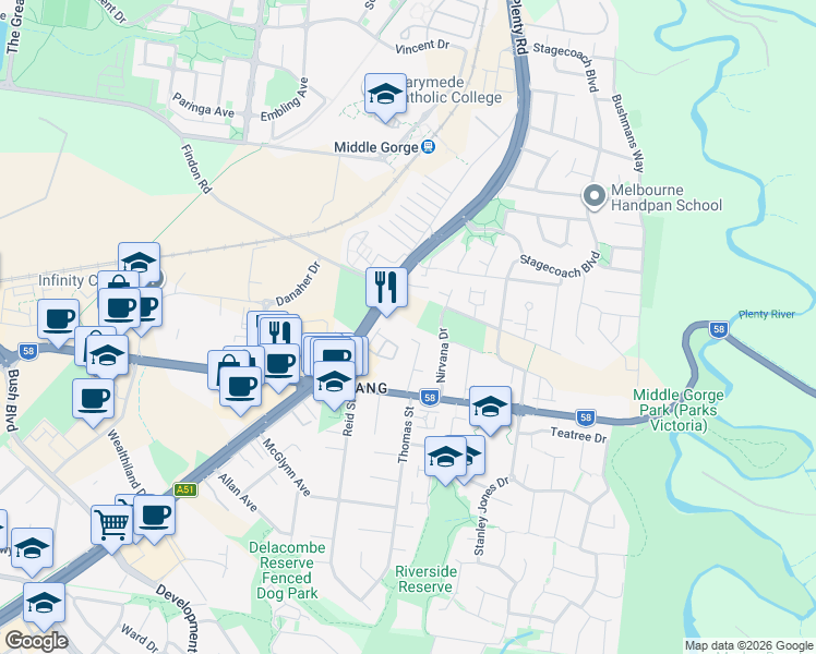 map of restaurants, bars, coffee shops, grocery stores, and more near 23 Kelvin Grove in South Morang