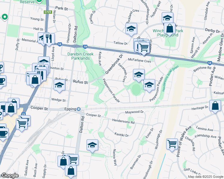 map of restaurants, bars, coffee shops, grocery stores, and more near 18 Peppercorn Parade in Epping