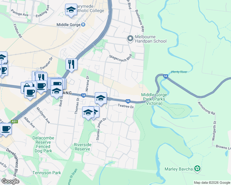map of restaurants, bars, coffee shops, grocery stores, and more near 5 Snapdragon Street in South Morang