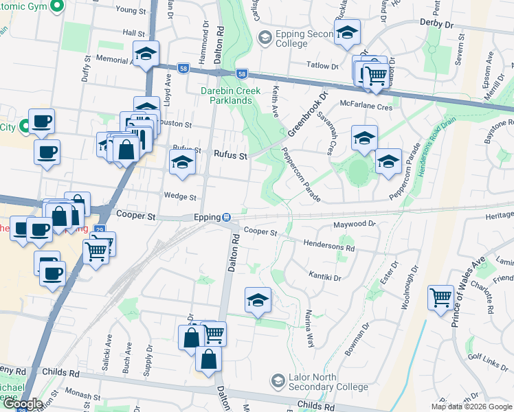 map of restaurants, bars, coffee shops, grocery stores, and more near 6 Campbell Street in Epping