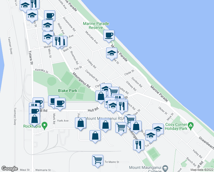 map of restaurants, bars, coffee shops, grocery stores, and more near 45 Campbell Road in Tauranga