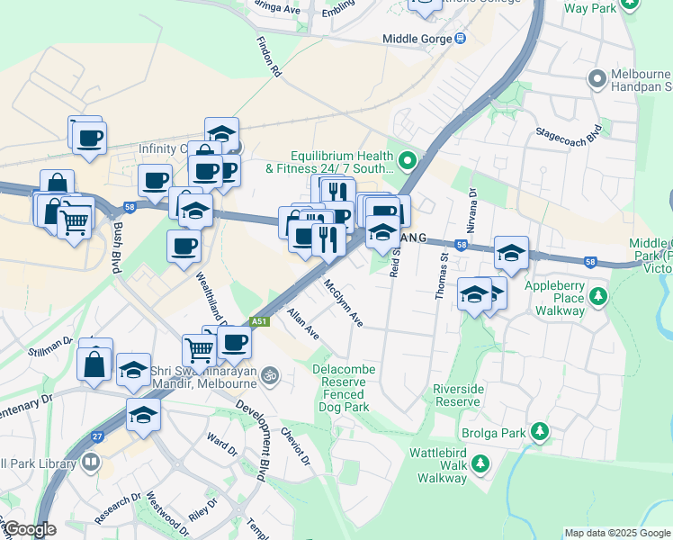 map of restaurants, bars, coffee shops, grocery stores, and more near 798 Plenty Road in South Morang