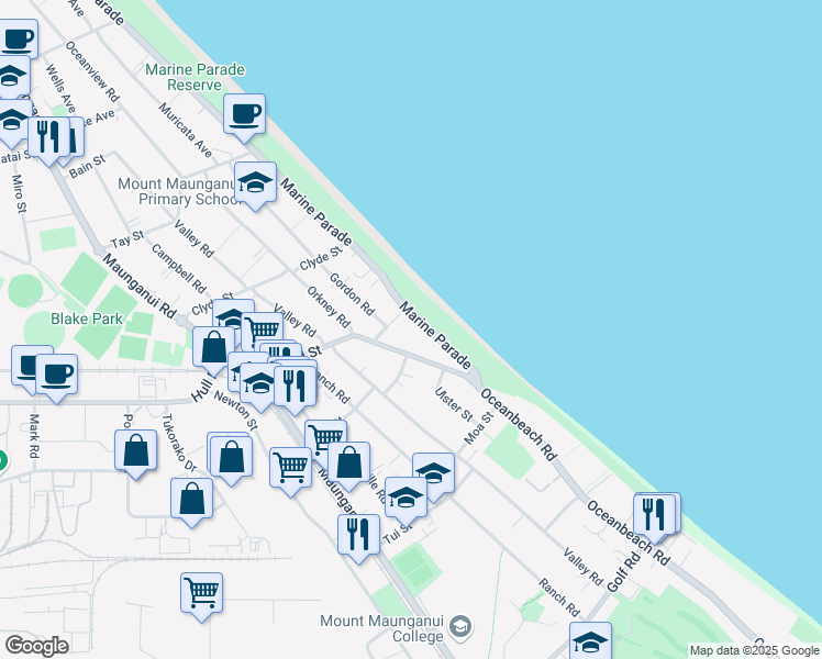map of restaurants, bars, coffee shops, grocery stores, and more near 198 Marine Parade in Tauranga