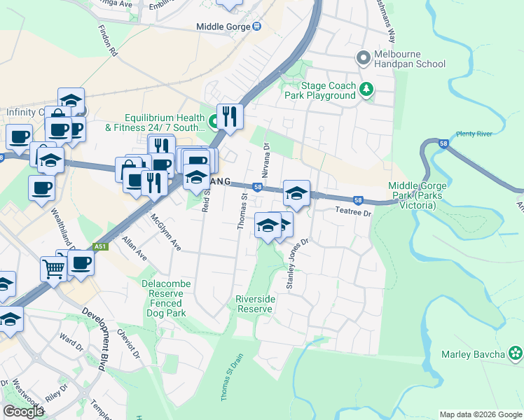 map of restaurants, bars, coffee shops, grocery stores, and more near 74 Thomas Street in South Morang