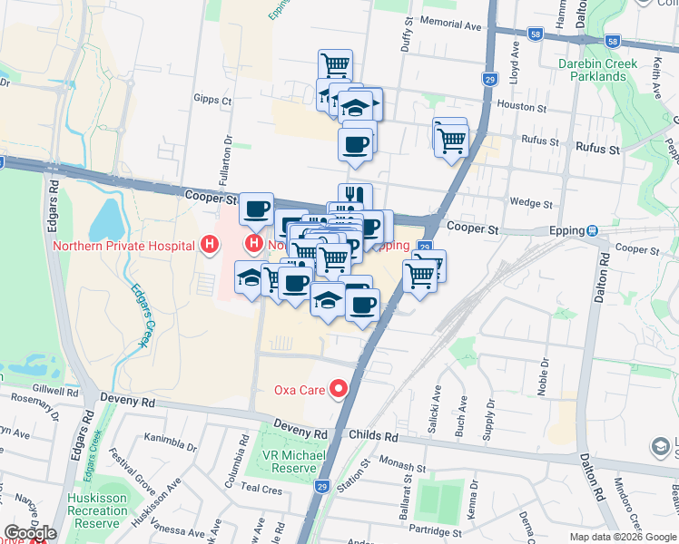 map of restaurants, bars, coffee shops, grocery stores, and more near 571-583 High Street in Epping
