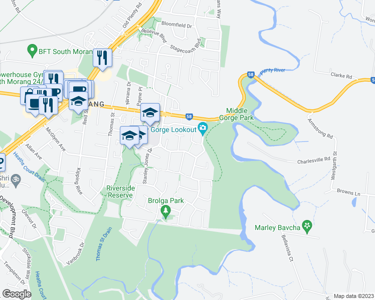 map of restaurants, bars, coffee shops, grocery stores, and more near 15 John Ryan Drive in South Morang