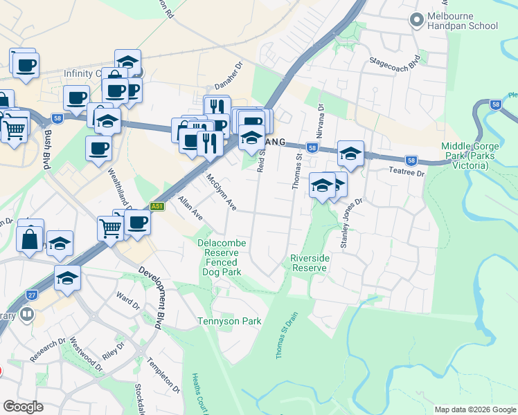 map of restaurants, bars, coffee shops, grocery stores, and more near 50 Reid Street in South Morang