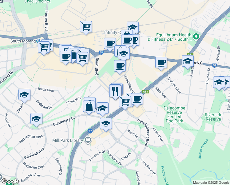 map of restaurants, bars, coffee shops, grocery stores, and more near 18 Bush Boulevard in Mill Park