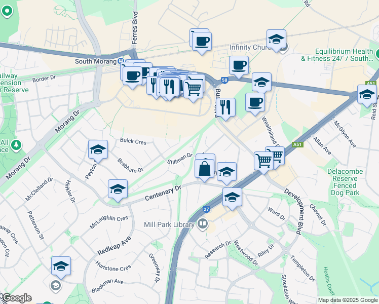 map of restaurants, bars, coffee shops, grocery stores, and more near 2 Stillman Drive in Mill Park