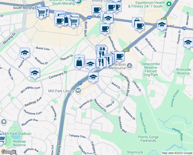 map of restaurants, bars, coffee shops, grocery stores, and more near 45 Ancona Drive in Mill Park
