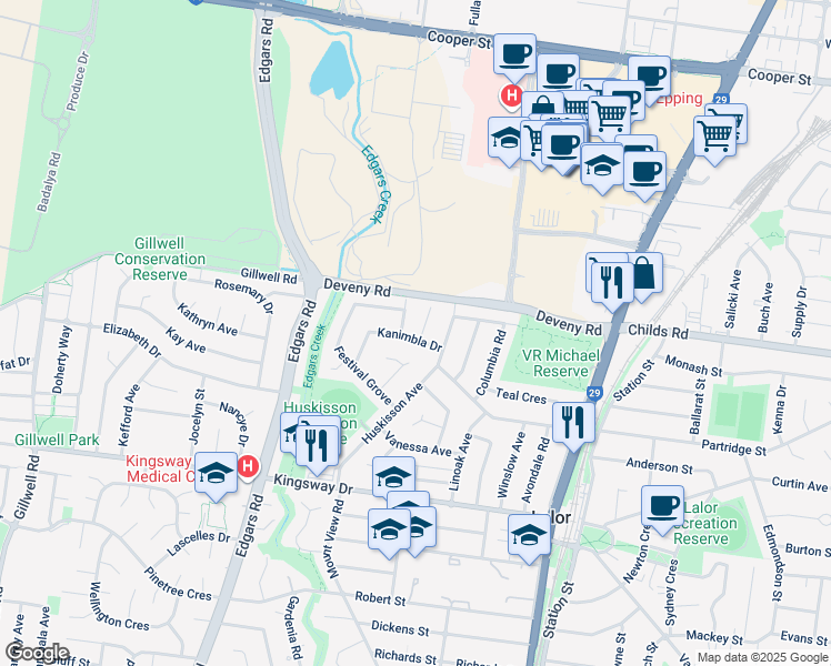 map of restaurants, bars, coffee shops, grocery stores, and more near 34 Kanimbla Drive in Lalor