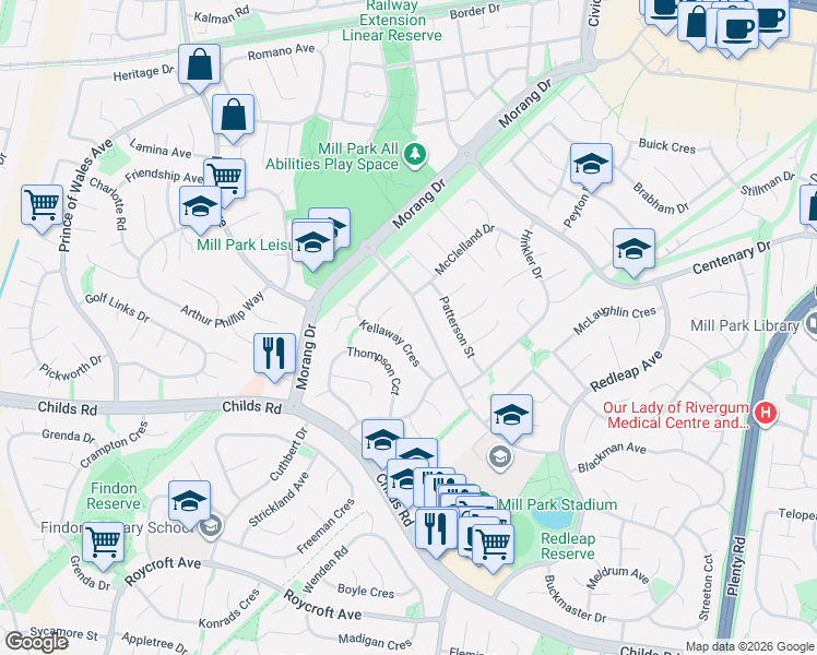 map of restaurants, bars, coffee shops, grocery stores, and more near 3 Pearl Court in Mill Park
