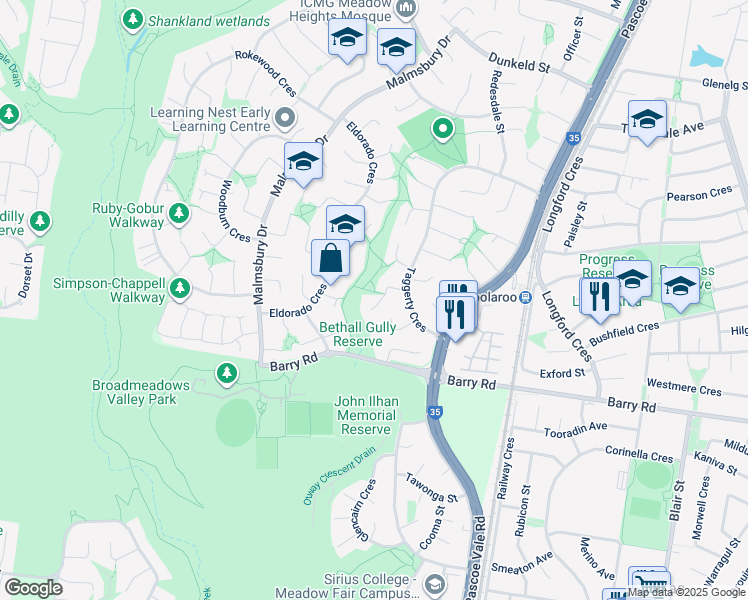 map of restaurants, bars, coffee shops, grocery stores, and more near 20 Castella Court in Meadow Heights