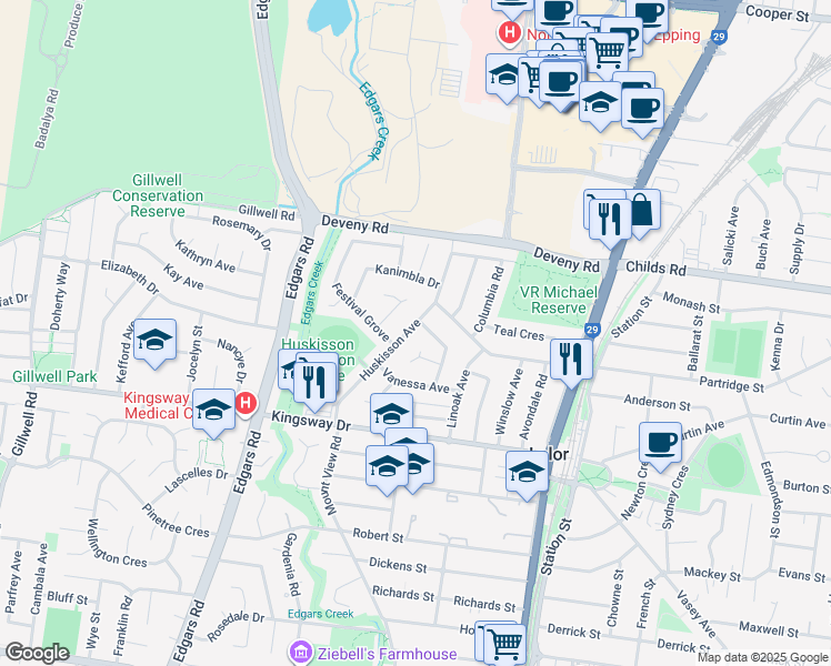 map of restaurants, bars, coffee shops, grocery stores, and more near 46 Huskisson Avenue in Lalor