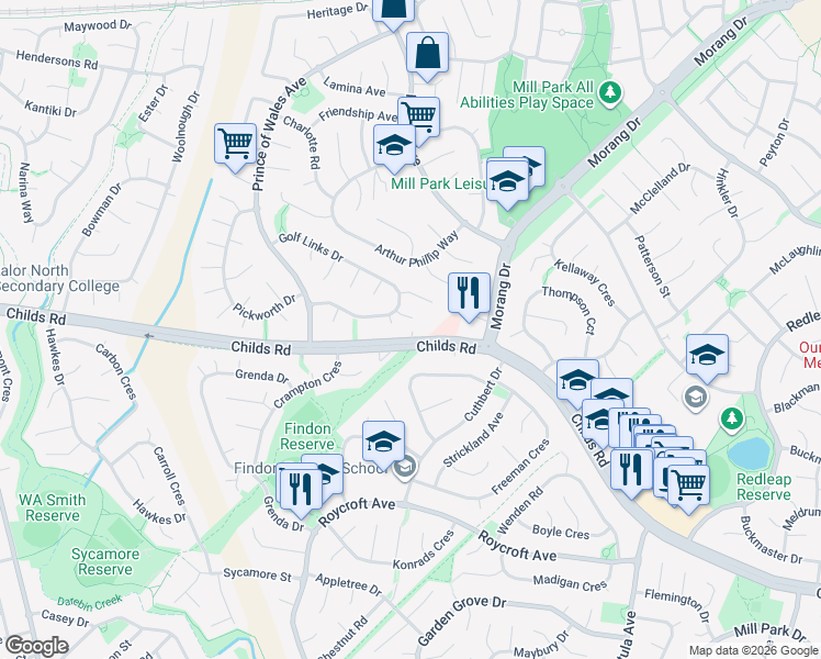 map of restaurants, bars, coffee shops, grocery stores, and more near 248 Childs Road in Mill Park