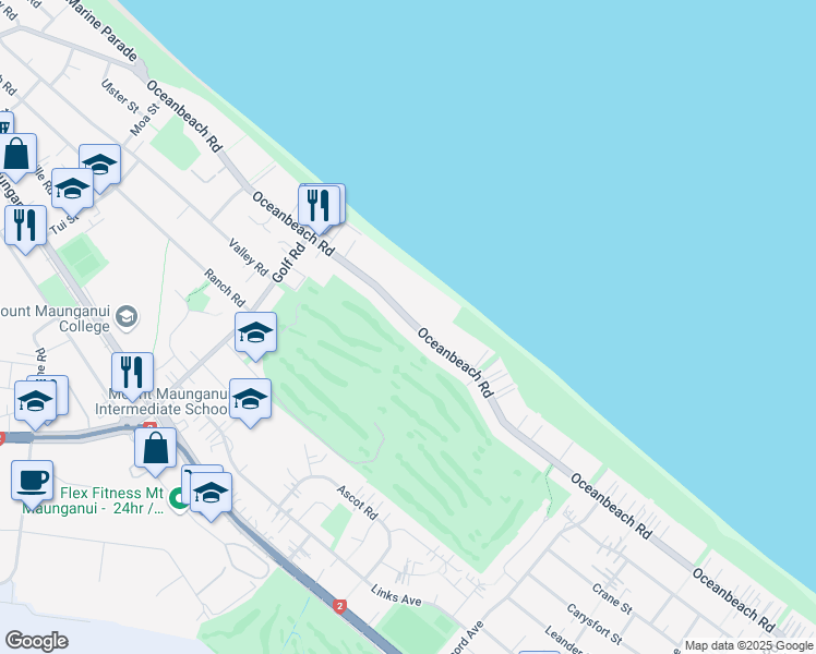 map of restaurants, bars, coffee shops, grocery stores, and more near 142 Ocean Beach Road in Tauranga