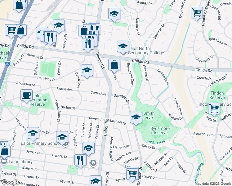 map of restaurants, bars, coffee shops, grocery stores, and more near 240 Darebin Drive in Lalor