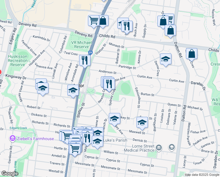 map of restaurants, bars, coffee shops, grocery stores, and more near 25 Newton Crescent in Lalor