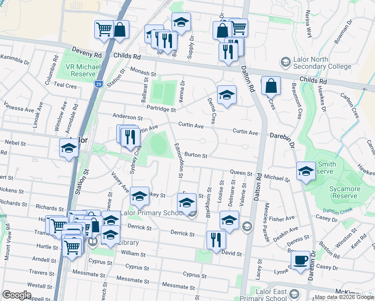 map of restaurants, bars, coffee shops, grocery stores, and more near 4 Burton Street in Lalor