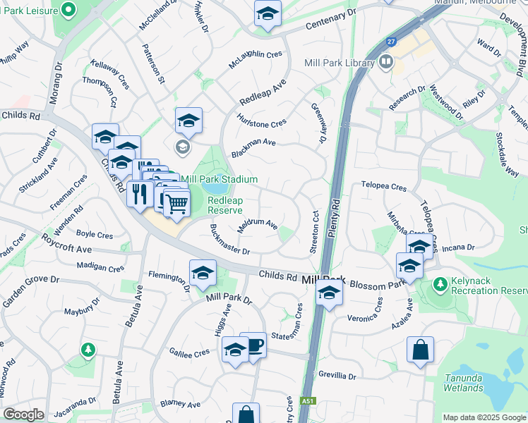 map of restaurants, bars, coffee shops, grocery stores, and more near 6 Dickerson Avenue in Mill Park