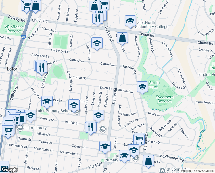 map of restaurants, bars, coffee shops, grocery stores, and more near 52 Queen Street in Lalor