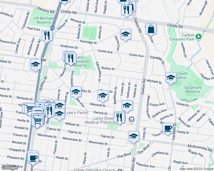 map of restaurants, bars, coffee shops, grocery stores, and more near 9 King Street in Lalor