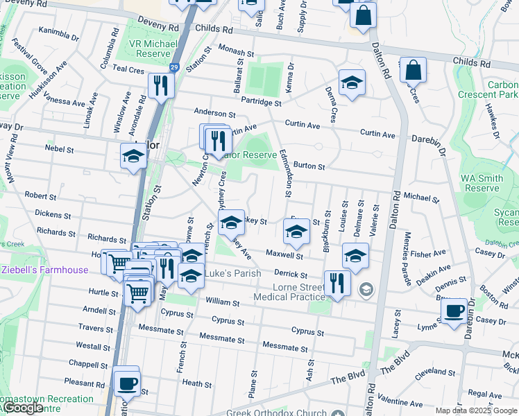 map of restaurants, bars, coffee shops, grocery stores, and more near 8 Prince Andrew Avenue in Lalor