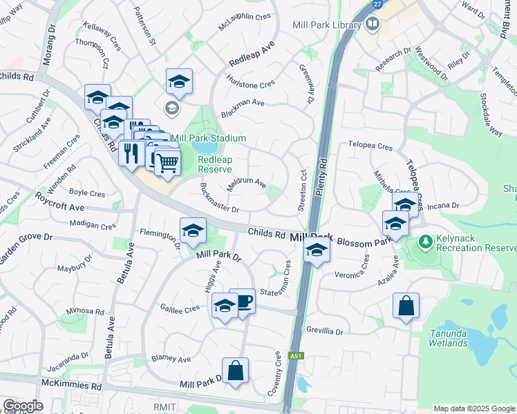 map of restaurants, bars, coffee shops, grocery stores, and more near 31 Buckmaster Drive in Mill Park