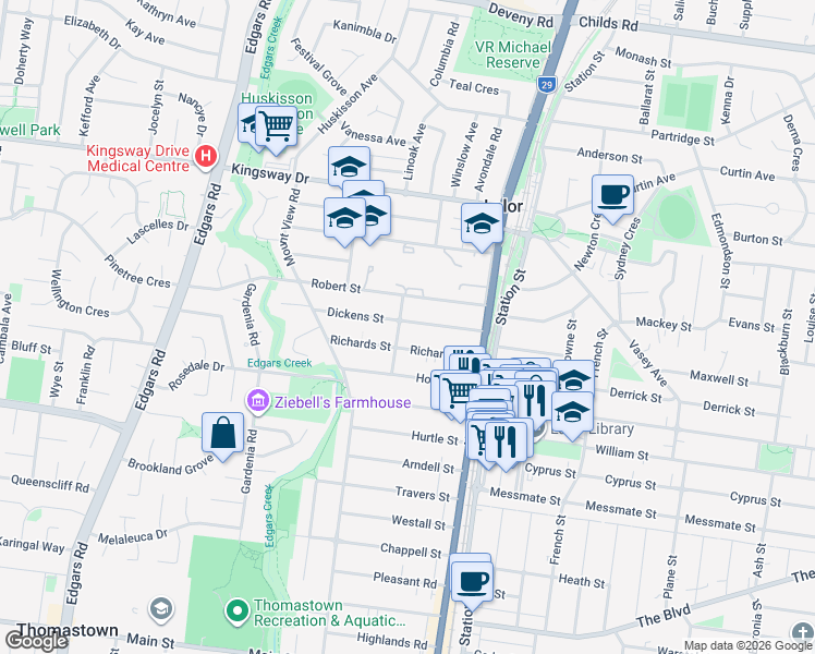 map of restaurants, bars, coffee shops, grocery stores, and more near 29 Dickens Street in Lalor