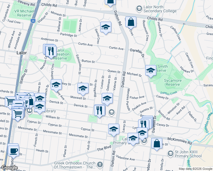 map of restaurants, bars, coffee shops, grocery stores, and more near 13 Delmare Street in Lalor