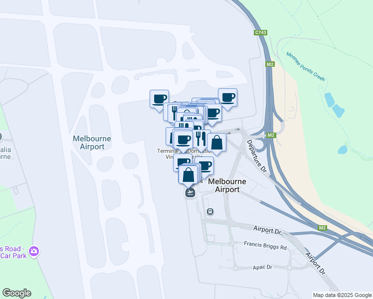 map of restaurants, bars, coffee shops, grocery stores, and more near Airport Drive in Tullamarine