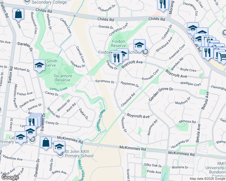 map of restaurants, bars, coffee shops, grocery stores, and more near 152 Roycroft Avenue in Mill Park