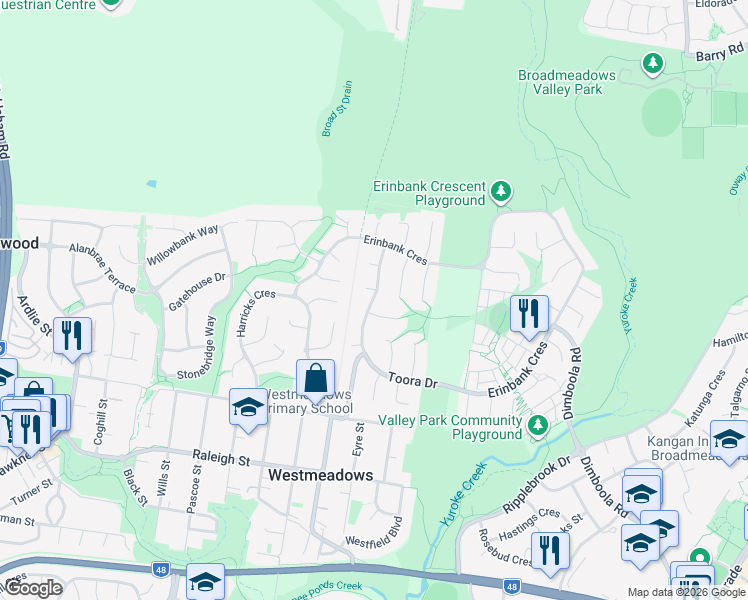 map of restaurants, bars, coffee shops, grocery stores, and more near Toora Drive in Westmeadows