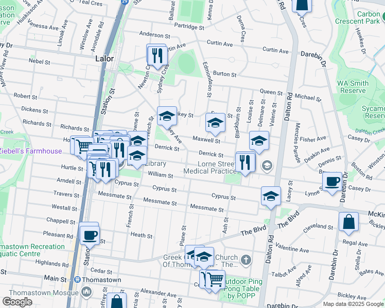 map of restaurants, bars, coffee shops, grocery stores, and more near 77 Derrick Street in Lalor