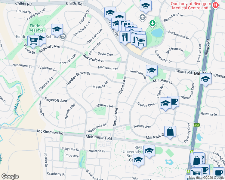 map of restaurants, bars, coffee shops, grocery stores, and more near 9 Nevern Court in Mill Park