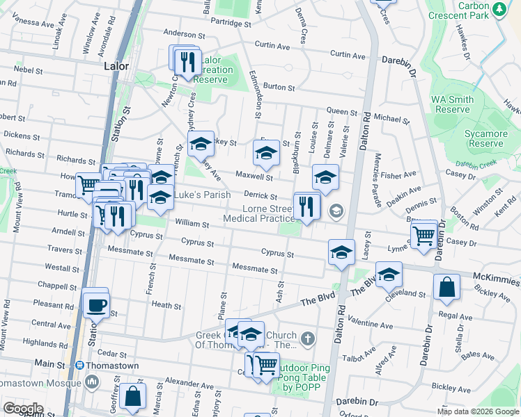 map of restaurants, bars, coffee shops, grocery stores, and more near 94 David Street in Lalor