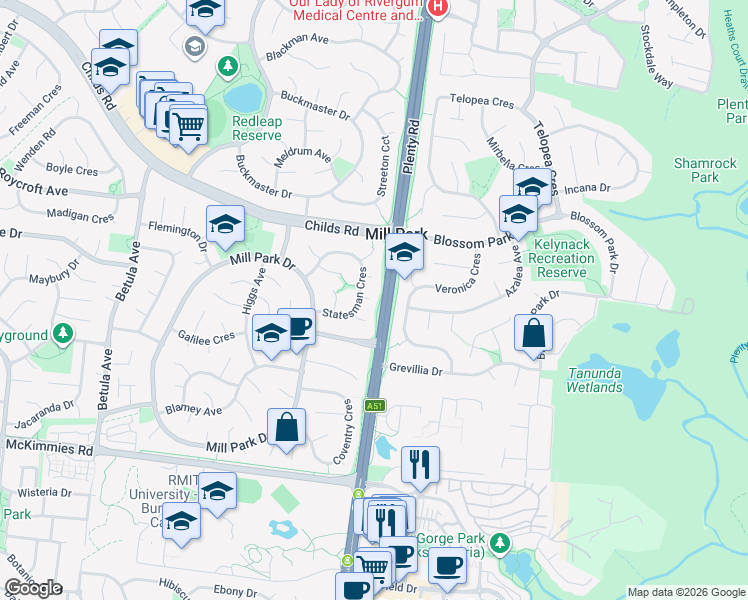 map of restaurants, bars, coffee shops, grocery stores, and more near 4 Newhaven Court in Mill Park