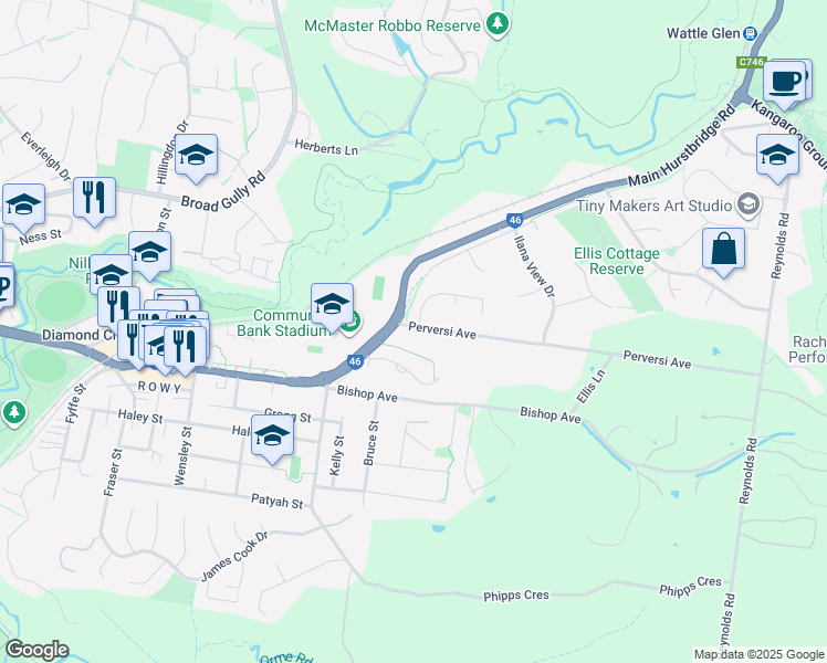 map of restaurants, bars, coffee shops, grocery stores, and more near 8 Perversi Avenue in Diamond Creek