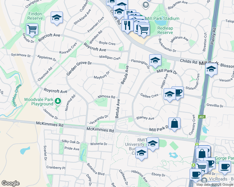 map of restaurants, bars, coffee shops, grocery stores, and more near 255 Betula Avenue in Mill Park