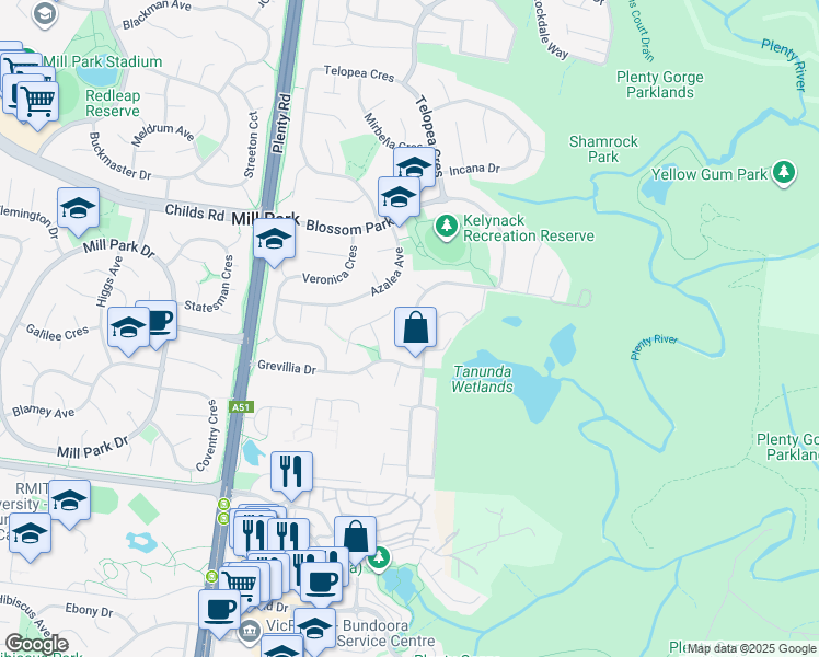 map of restaurants, bars, coffee shops, grocery stores, and more near 155 Blossom Park Drive in Mill Park