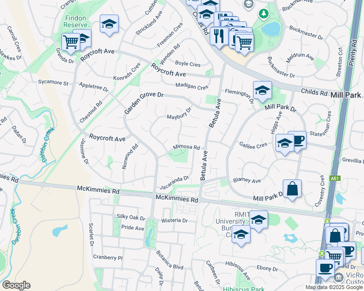 map of restaurants, bars, coffee shops, grocery stores, and more near Mimosa Road in Mill Park