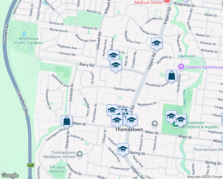 map of restaurants, bars, coffee shops, grocery stores, and more near 37 Queenscliff Road in Thomastown