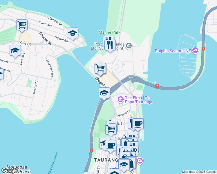 map of restaurants, bars, coffee shops, grocery stores, and more near 61 Chapel Street in Tauranga