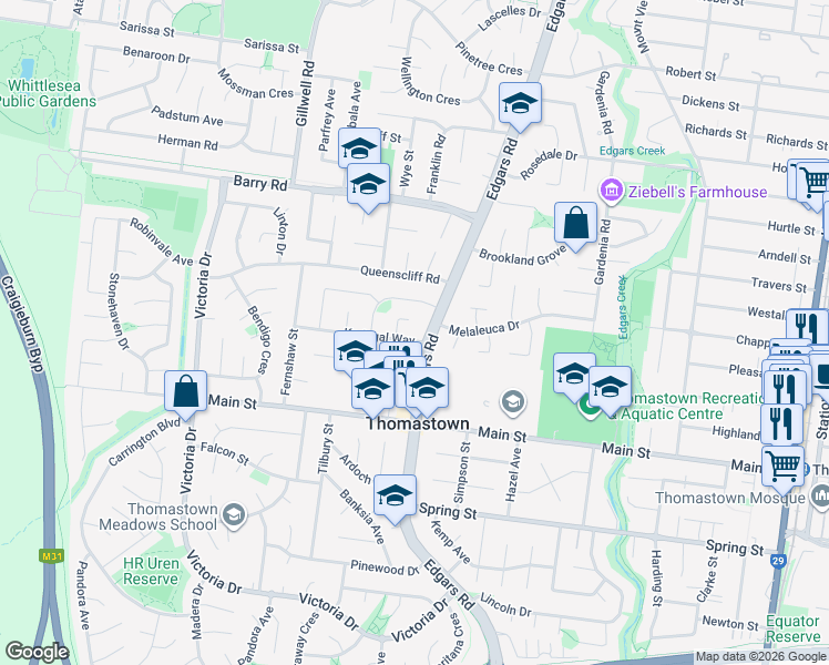 map of restaurants, bars, coffee shops, grocery stores, and more near 2 Karingal Way in Thomastown